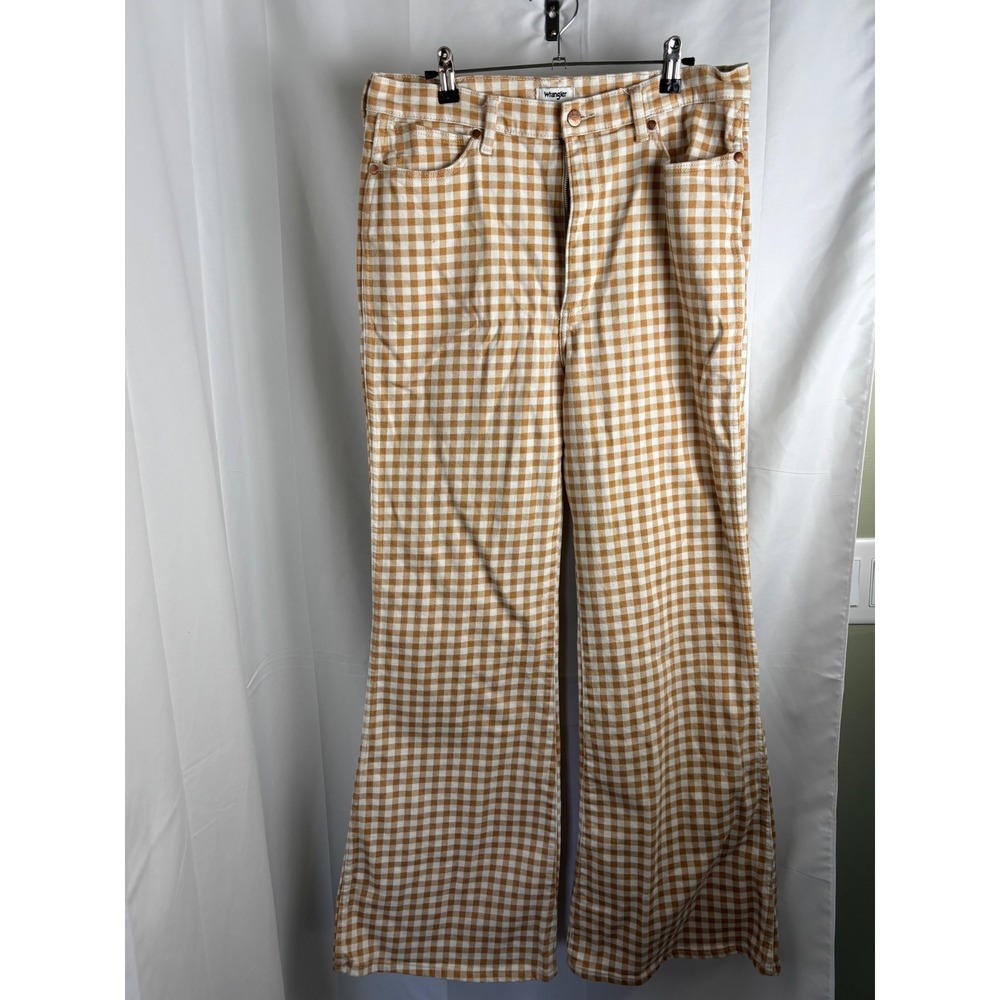 Wrangler Wanderer High Rise Flare Jeans Tan White Gingham 33x34 112315608